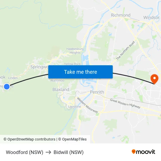 Woodford (NSW) to Bidwill (NSW) map