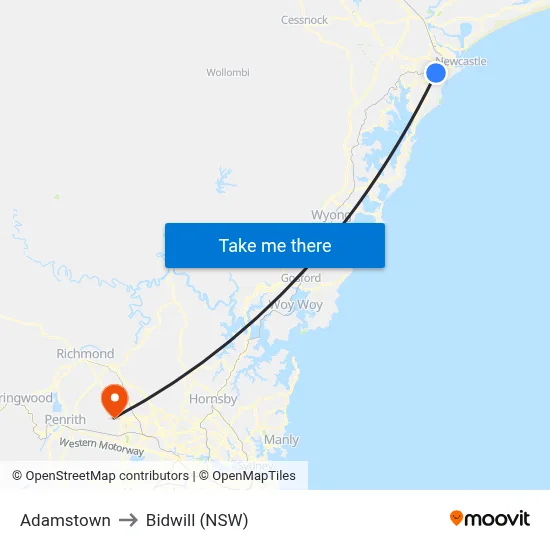 Adamstown to Bidwill (NSW) map