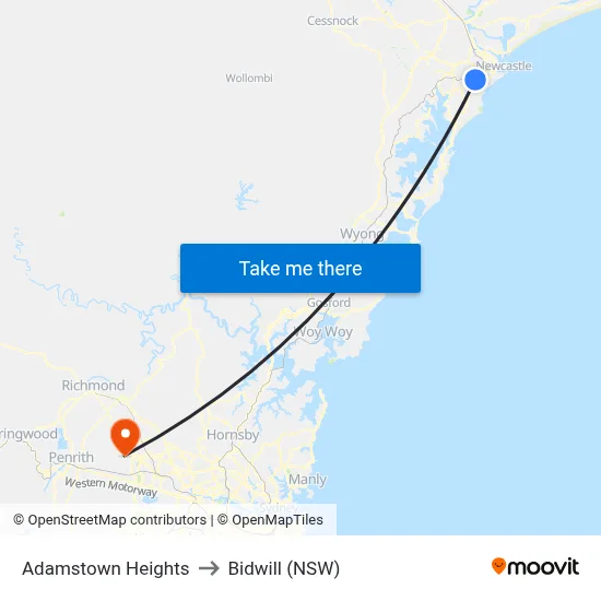 Adamstown Heights to Bidwill (NSW) map