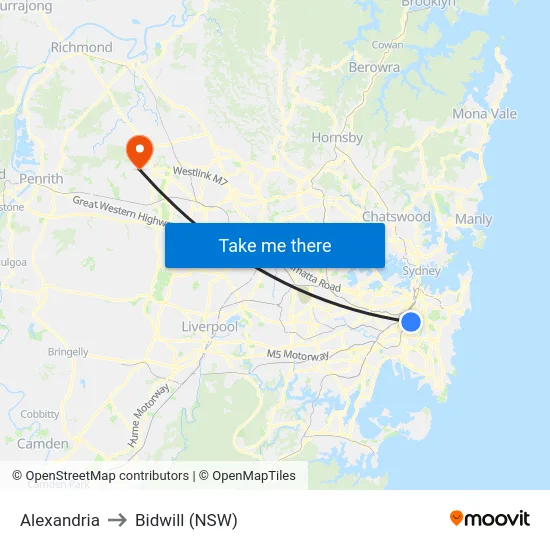 Alexandria to Bidwill (NSW) map