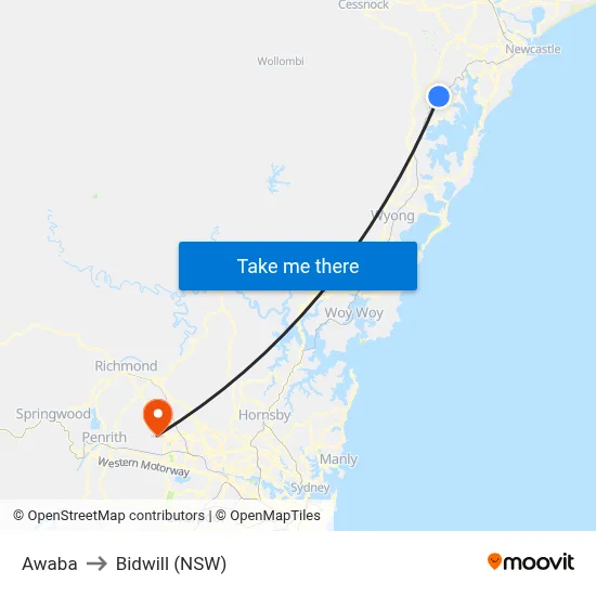 Awaba to Bidwill (NSW) map