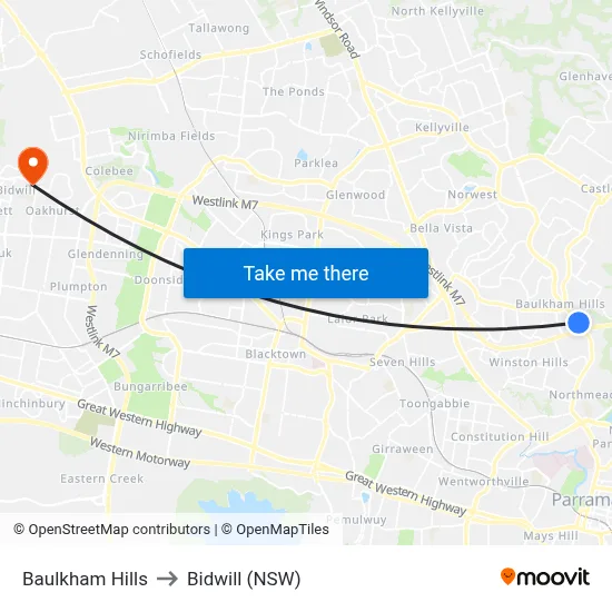 Baulkham Hills to Bidwill (NSW) map