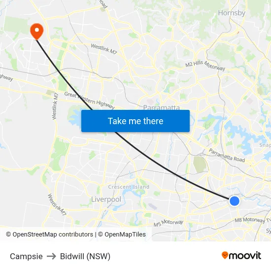 Campsie to Bidwill (NSW) map