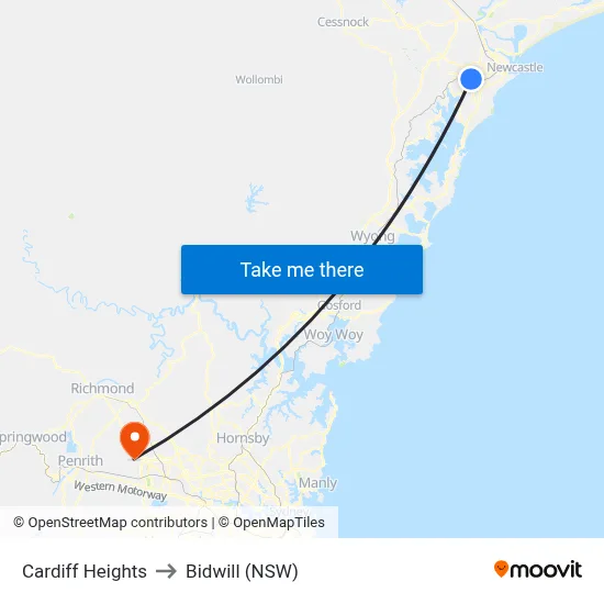 Cardiff Heights to Bidwill (NSW) map