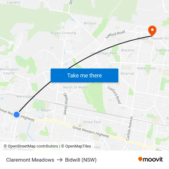 Claremont Meadows to Bidwill (NSW) map