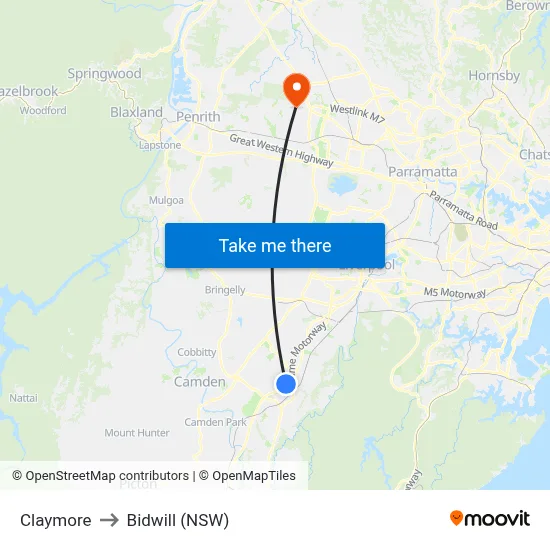 Claymore to Bidwill (NSW) map