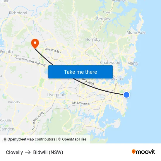 Clovelly to Bidwill (NSW) map
