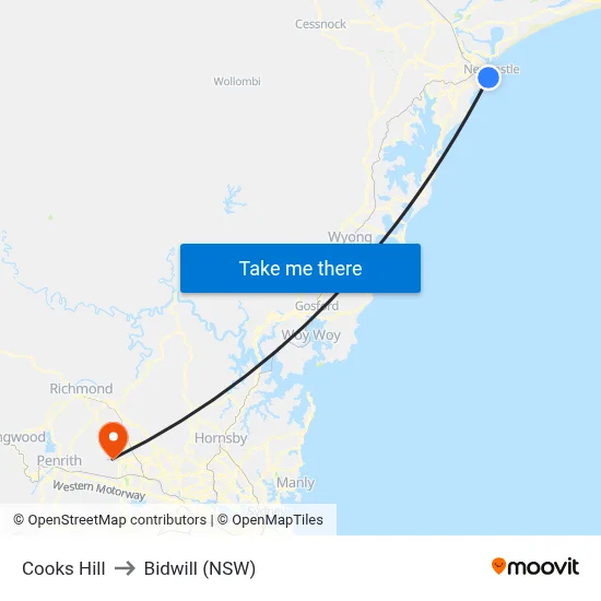 Cooks Hill to Bidwill (NSW) map