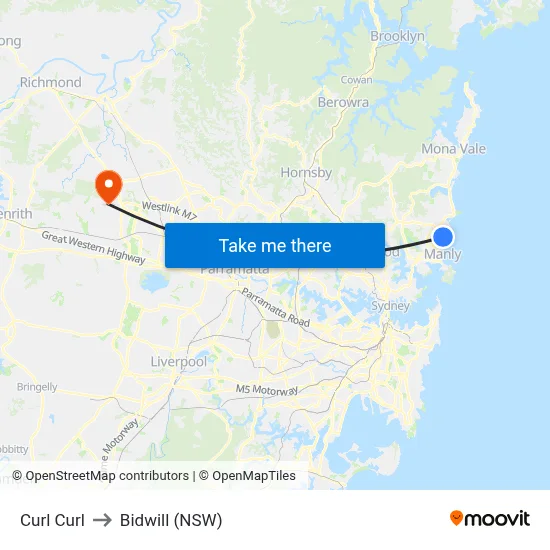 Curl Curl to Bidwill (NSW) map