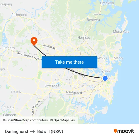 Darlinghurst to Bidwill (NSW) map