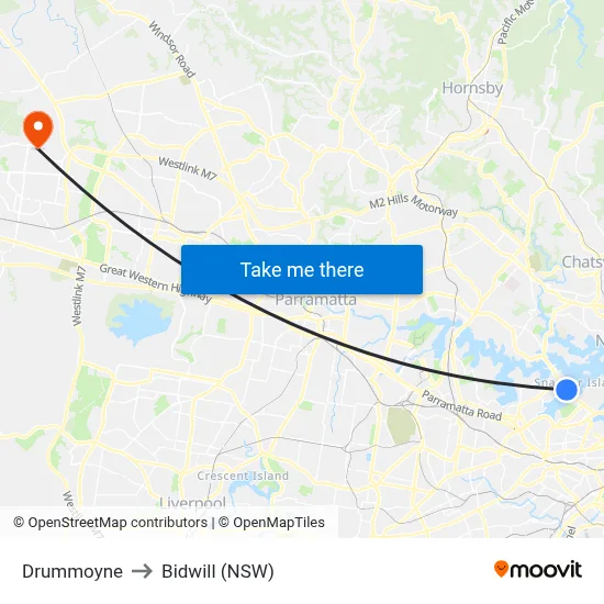 Drummoyne to Bidwill (NSW) map