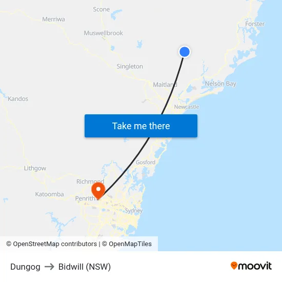 Dungog to Bidwill (NSW) map