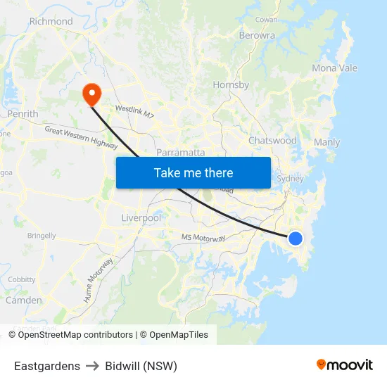 Eastgardens to Bidwill (NSW) map