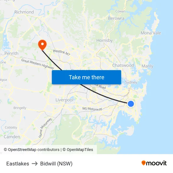 Eastlakes to Bidwill (NSW) map