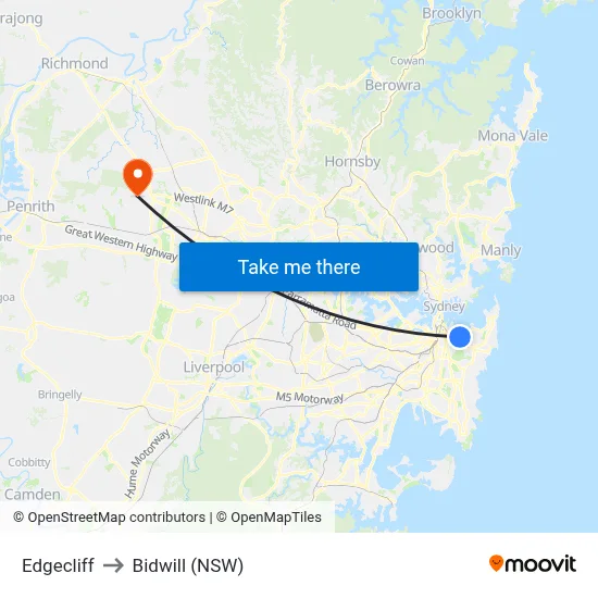 Edgecliff to Bidwill (NSW) map