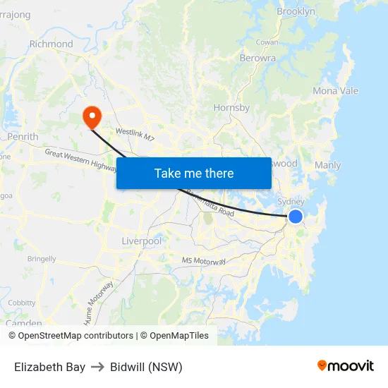 Elizabeth Bay to Bidwill (NSW) map
