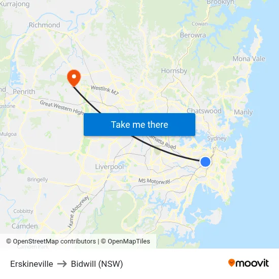 Erskineville to Bidwill (NSW) map