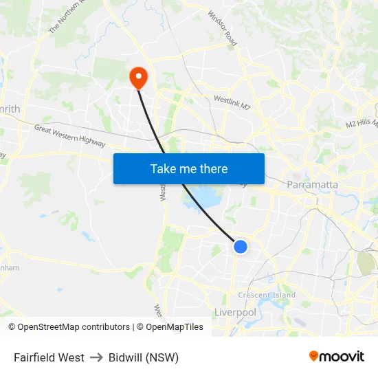 Fairfield West to Bidwill (NSW) map