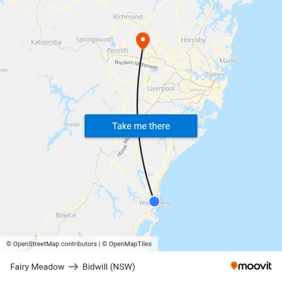 Fairy Meadow to Bidwill (NSW) map