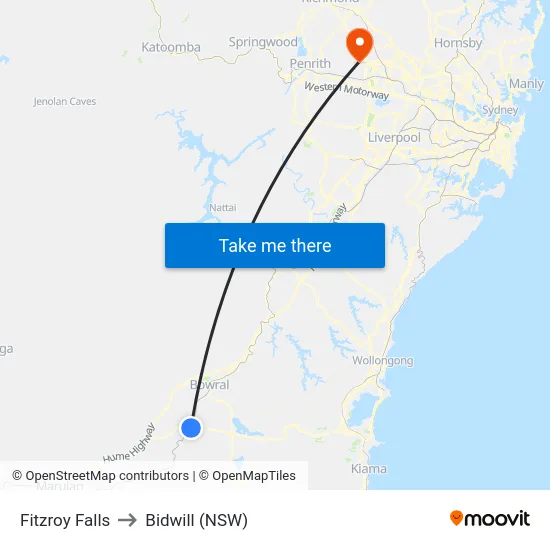 Fitzroy Falls to Bidwill (NSW) map