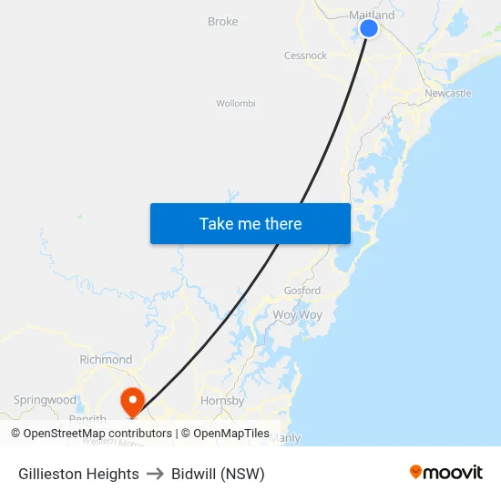 Gillieston Heights to Bidwill (NSW) map