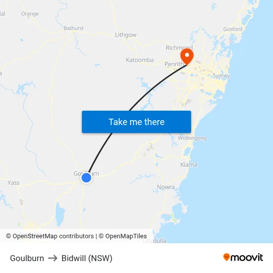 Goulburn to Bidwill (NSW) map
