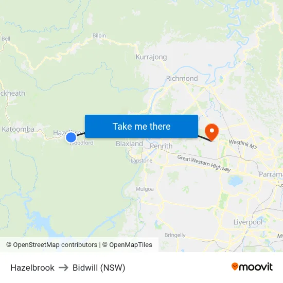 Hazelbrook to Bidwill (NSW) map
