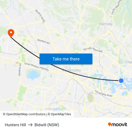 Hunters Hill to Bidwill (NSW) map