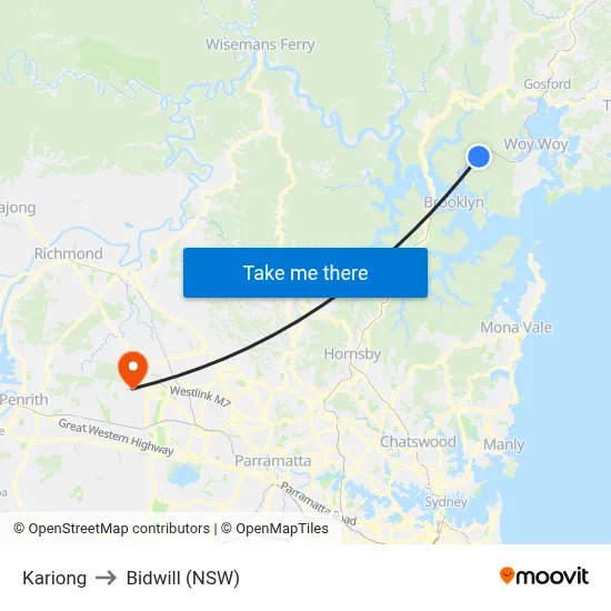 Kariong to Bidwill (NSW) map
