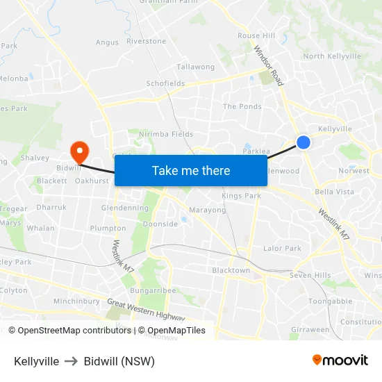 Kellyville to Bidwill (NSW) map