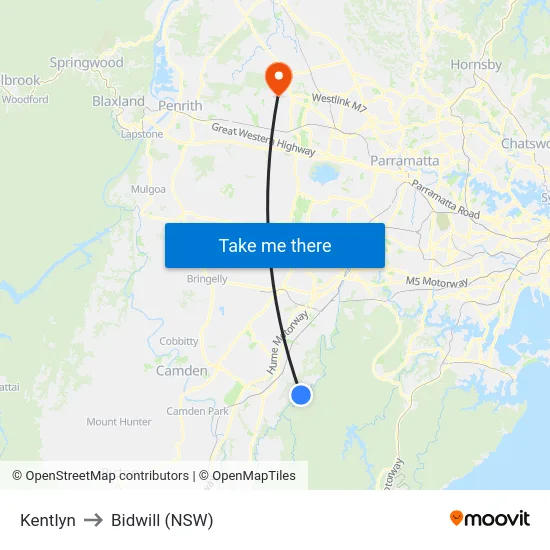 Kentlyn to Bidwill (NSW) map