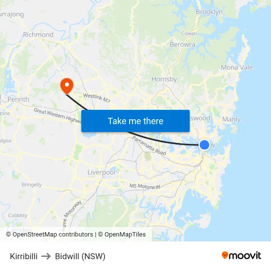 Kirribilli to Bidwill (NSW) map