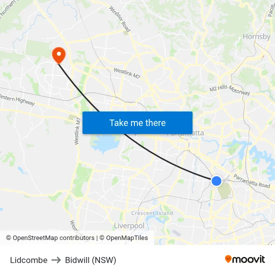 Lidcombe to Bidwill (NSW) map