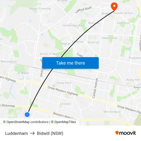 Luddenham to Bidwill (NSW) map