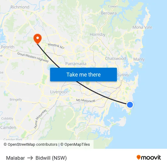 Malabar to Bidwill (NSW) map
