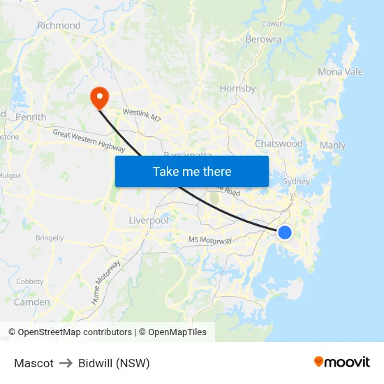 Mascot to Bidwill (NSW) map