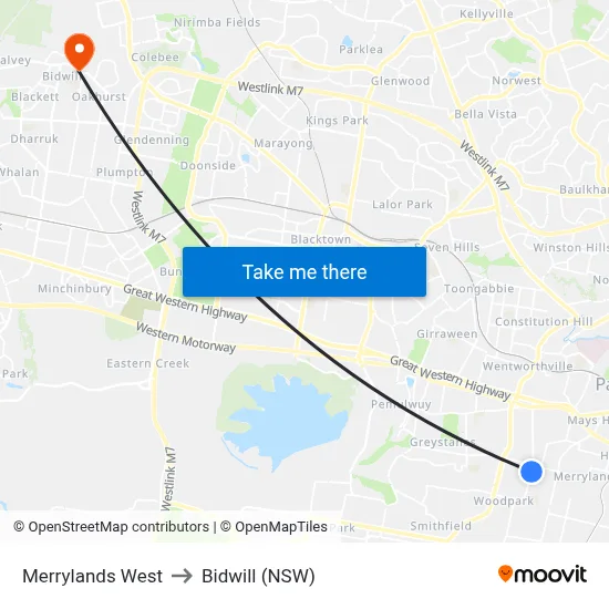 Merrylands West to Bidwill (NSW) map