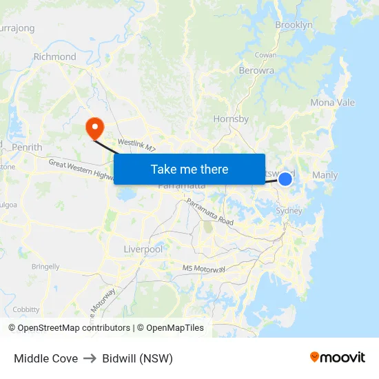Middle Cove to Bidwill (NSW) map