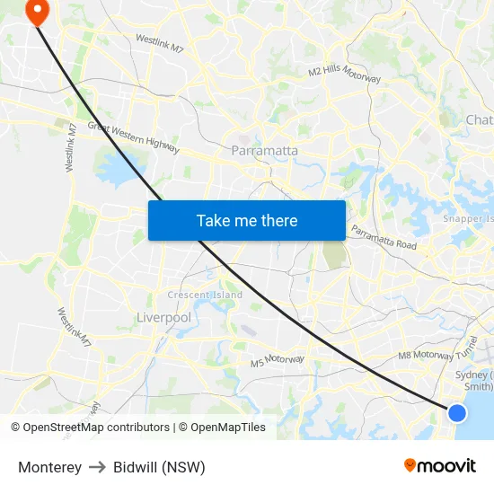 Monterey to Bidwill (NSW) map