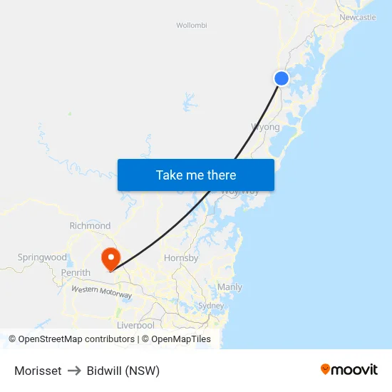 Morisset to Bidwill (NSW) map