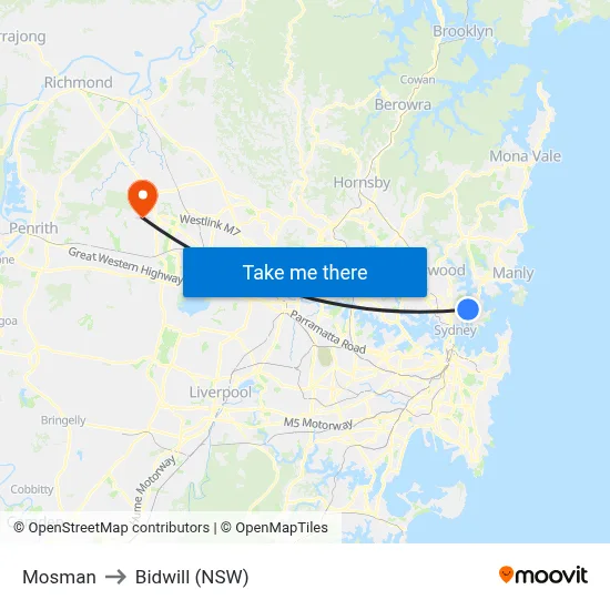 Mosman to Bidwill (NSW) map