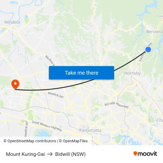 Mount Kuring-Gai to Bidwill (NSW) map