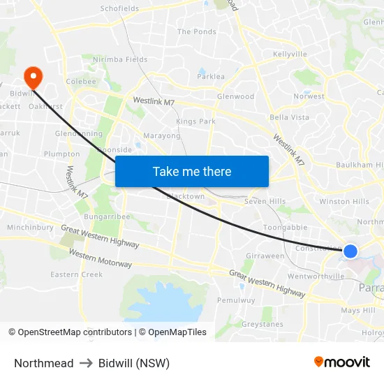 Northmead to Bidwill (NSW) map