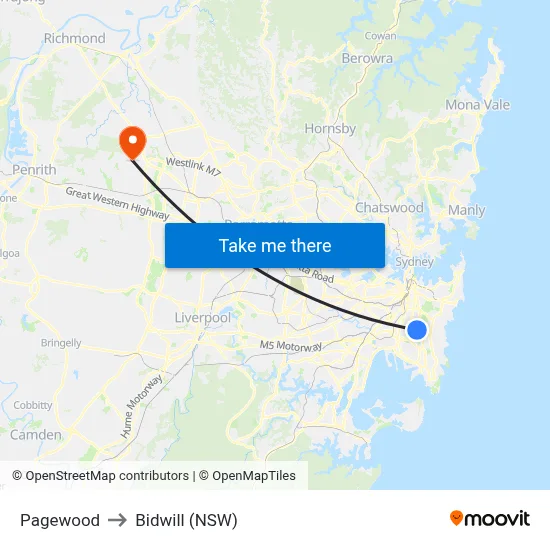 Pagewood to Bidwill (NSW) map