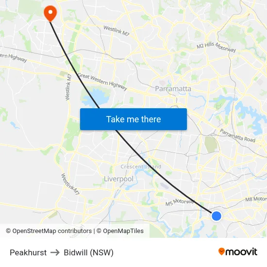 Peakhurst to Bidwill (NSW) map