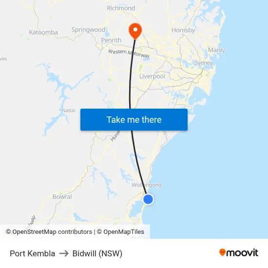 Port Kembla to Bidwill (NSW) map