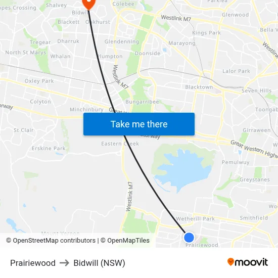 Prairiewood to Bidwill (NSW) map
