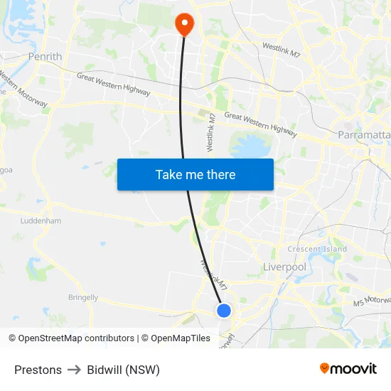 Prestons to Bidwill (NSW) map