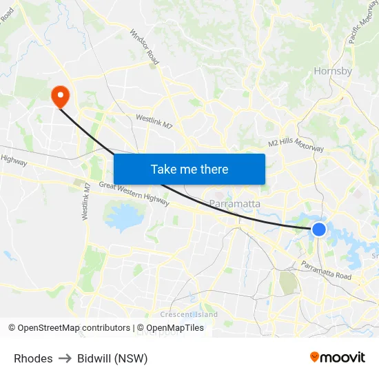 Rhodes to Bidwill (NSW) map