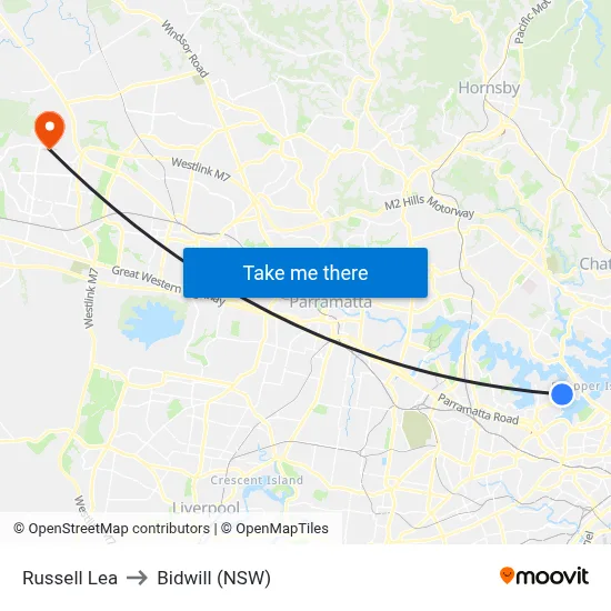 Russell Lea to Bidwill (NSW) map